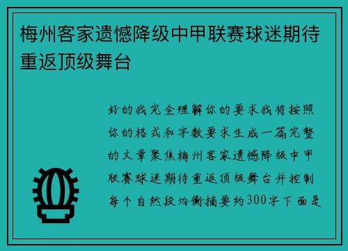 梅州客家遗憾降级中甲联赛球迷期待重返顶级舞台